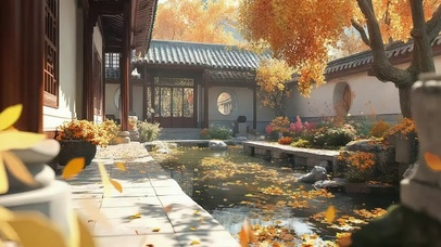 秋日落叶庭院静谧池塘