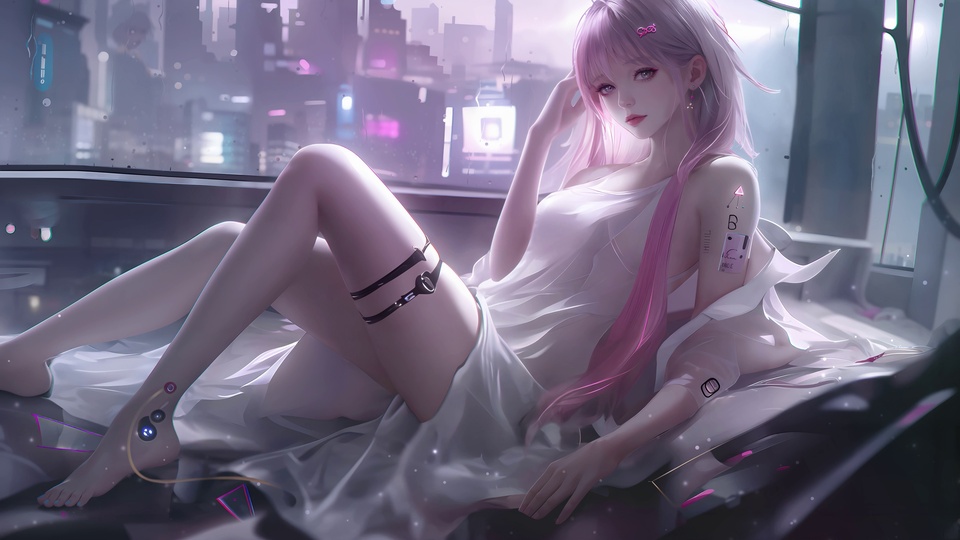 二次元厚涂风格插画，粉紫渐变长发少女身着白色露肩薄纱裙，佩戴黑色腿环与科技装饰，身后落地窗外是霓虹密布的未来城市夜景，整体为粉紫柔色调。