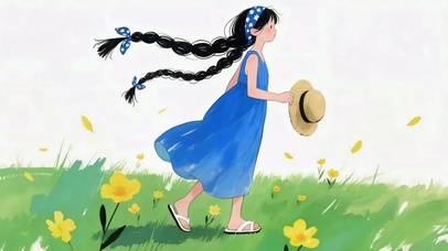 夏日花田的蓝裙少女