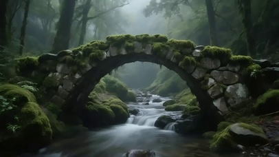 静谧森林溪流拱桥