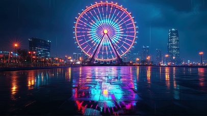 雨夜都市广场摩天轮