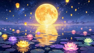 满月河畔孔明灯唯美夜景