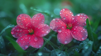 唯美早晨朝露清新红花雨景