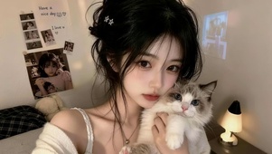 居家女孩和猫咪