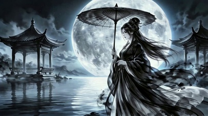 水墨月夜古风撑伞美人