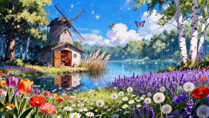 唯美的鲜花池塘风车