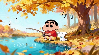 秋日湖边钓鱼小新