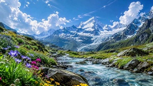 清新雪山溪流治愈自然风光