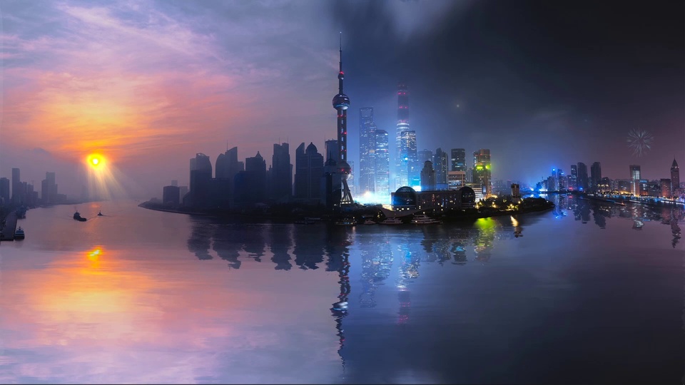 滨江城市全景，左侧日落霞光，右侧霓虹摩天楼，江面映出完整倒影