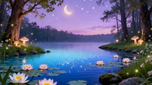 夜景树木河流