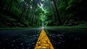 柏油森林公路上的雨季
