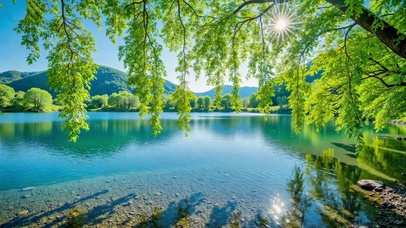翠柳垂岸的夏日清湖