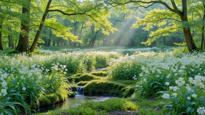 治愈林间溪流白花盛景