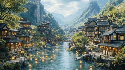 山林隐秘清新水乡古镇