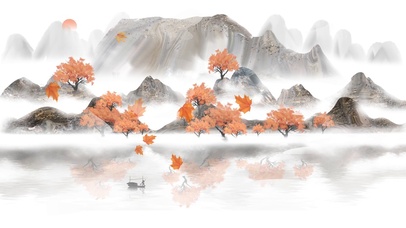 唯美浪漫中式水墨山水秋叶飘落