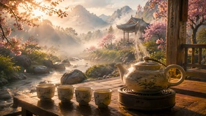 国风山水溪边品茶