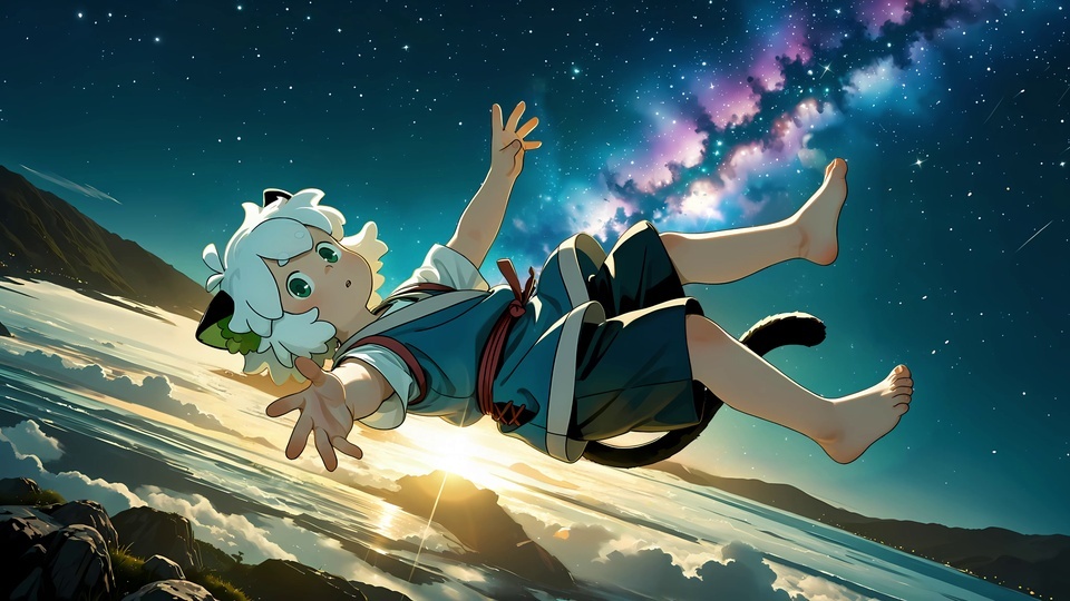 紫蓝渐变银河星空下，罗小黑赤足悬浮于上空，伸出双手朝向镜头，身下是泛着暖金日光的平静海面与暗色远山。