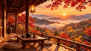 秋天日出云海木屋