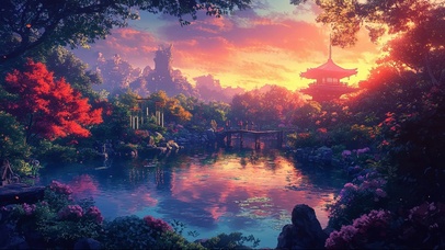 落日晚霞湖畔古镇森林