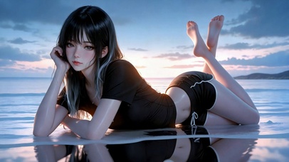 黄昏海边慵懒美女