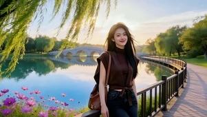 午后惬意时光公园湖畔美女
