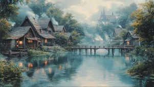 河岸古风森林村庄小屋
