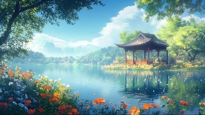 静谧公园古亭池塘花海