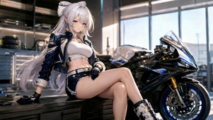 酷飒机车二次元白发美少女