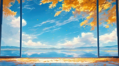 秋日纯净蓝天湖畔小屋