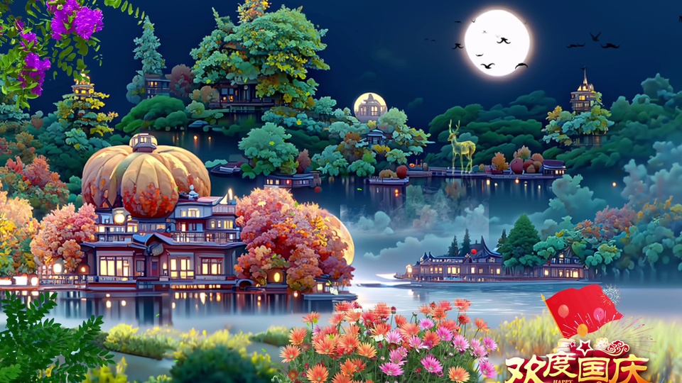 深蓝夜空下悬着一轮明亮满月，湖畔环绕亮着暖黄灯光的中式水上建筑群，湖面浮着金色半透明鹿形立像，夜空有飞鸟剪影，右下角是红色国旗与“欢度国庆”金色艺术字，周边点缀橙粉、紫色花簇与烟花装饰。