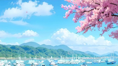 白云樱花树木海景带鱼屏