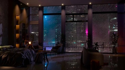 都市房间夜晚大雨