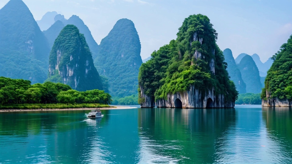 喀斯特峰林环绕宽阔江河，白色观光游船行驶在平静的灰白色河面，沿岸覆盖翠绿色林木