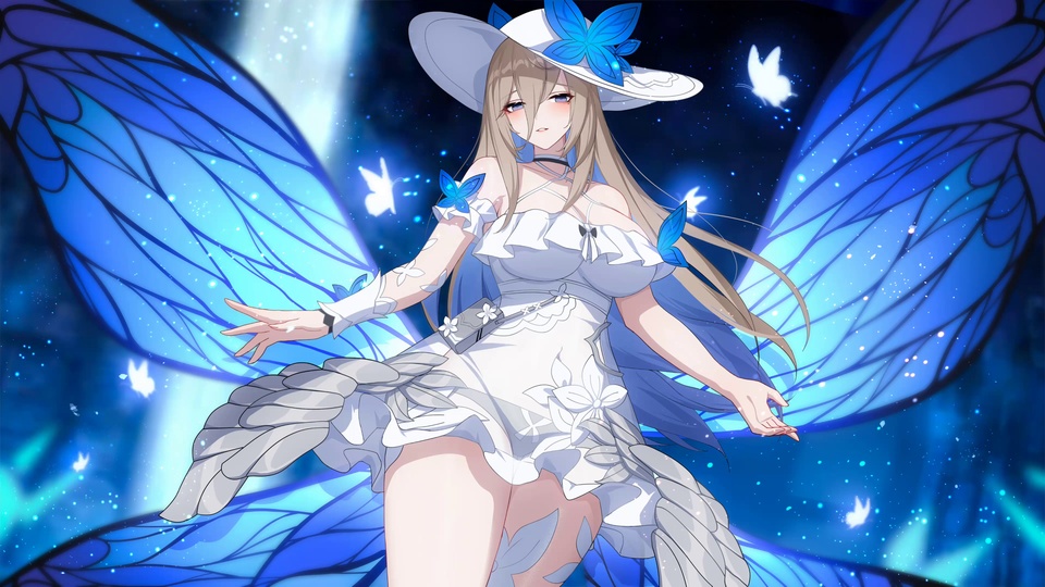 带蓝色蝶翼的二次元少女立于深蓝星空，周边漂浮发光白蝶与星点。