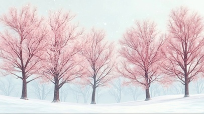 白雪纯净森林粉色小树