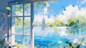 绿色护眼小清新动漫风铃湖泊