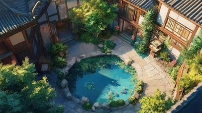 俯瞰庭院夏日古风池塘