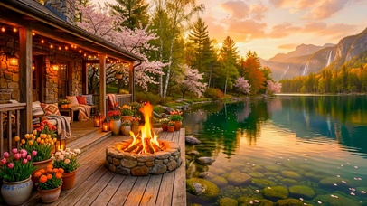 清晨山水湖边小屋