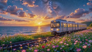 星空落日海滨花田列车