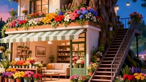 夜景花店树下景色带鱼屏