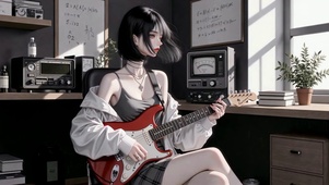 暗调短发吉他少女