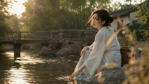 古风河畔白衣少女