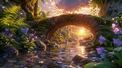 夕阳溪流石拱桥唯美风景