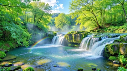 清新林间溪流瀑布美景
