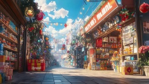 圣诞晴天白云小镇商店