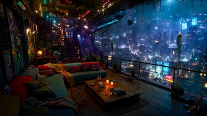 科幻雨夜城市房间