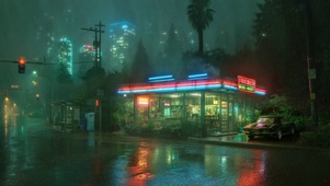 雨雾霓虹城市便利店