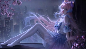 雨夜窗边蓝裙粉发美少女