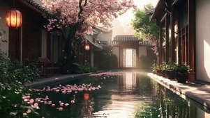 庭院唯美春日池塘倒影