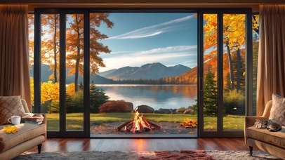 秋天宁静湖边小屋